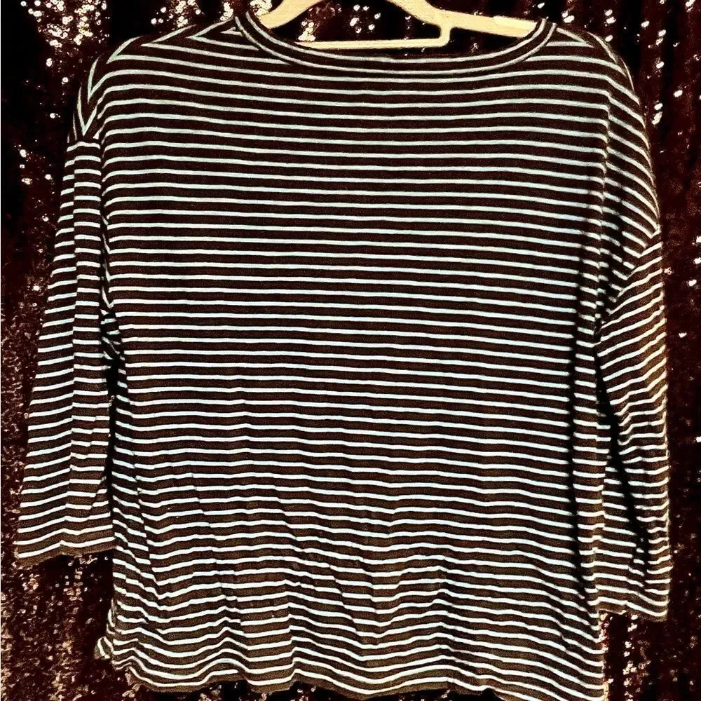 J. Crew Blue and Black Striped Top with Orange Detail